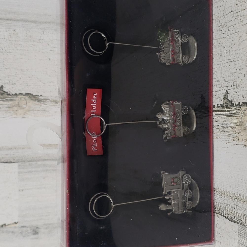 St. Nicholas Square set of 3 photo holders 4.5" tall Merry Christmas train